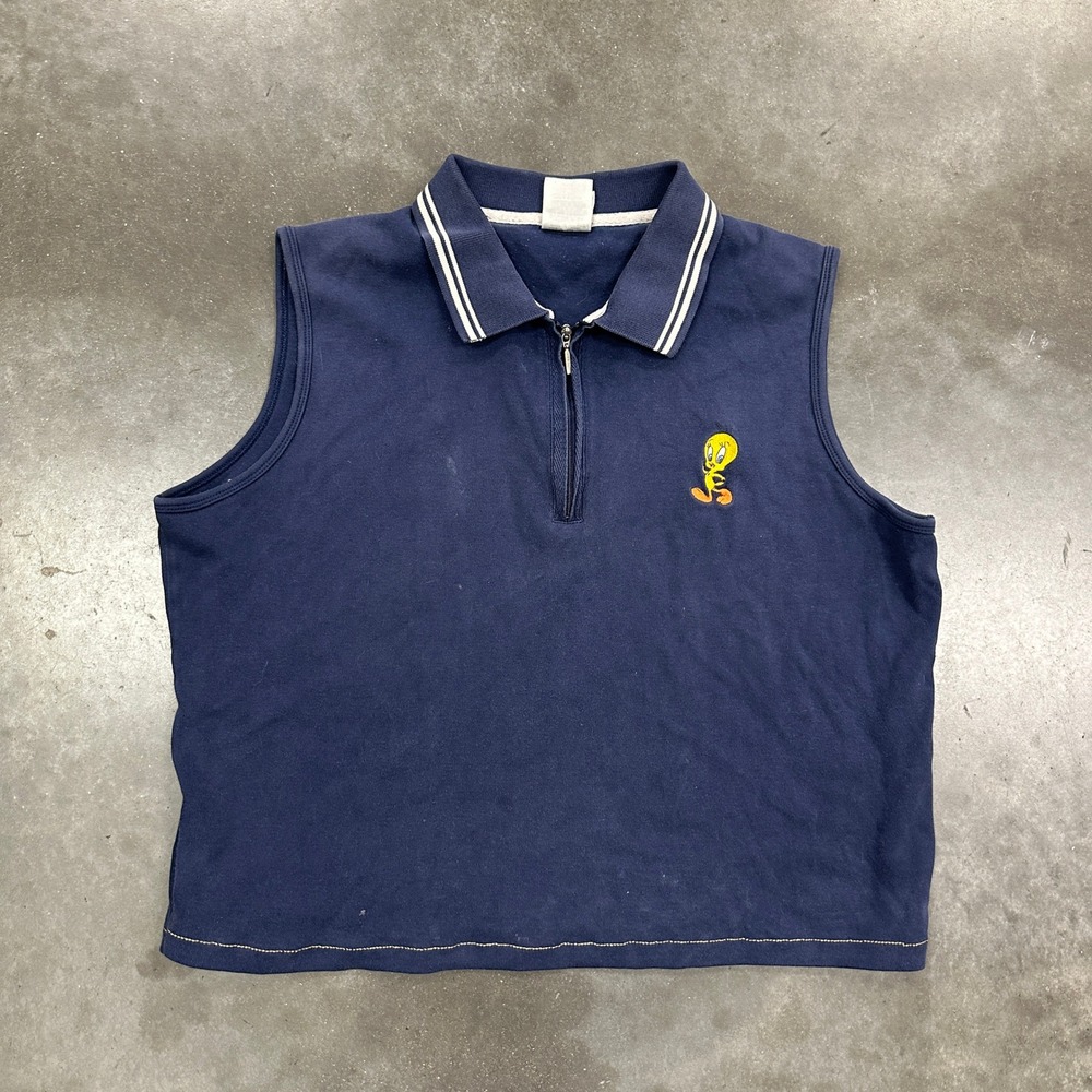 Vtg 1999 Warner Bros Tweety Bird Sleeveless Polo Shirt Navy Blue XL Looney Tunes